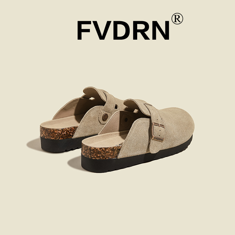 4CM Upgraded Real Cork Bottom Thick Bottom Full Cowhide Vintage Burkenneth Shoes Flat Bottom Baotou Half Slippers for Women