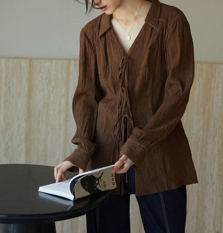 しわ筋感ストラップ腰襟長袖シャツ上着女性気質シャツ|undefined