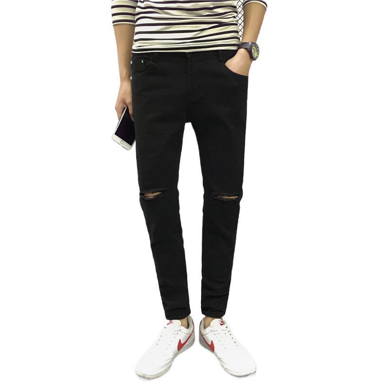 Quan zhilong mismo Vaqueros rodilla ripped flaco negro apretado pantalones de verano nuevos hombres moda pelo generación