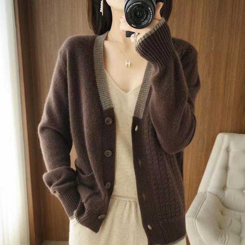 Autumn 2023 New V-neck Sweater Jacket Fashion Contrast Color Elegant Threaded Knitted Cardigan Top Women Soft Waxy Cardigan