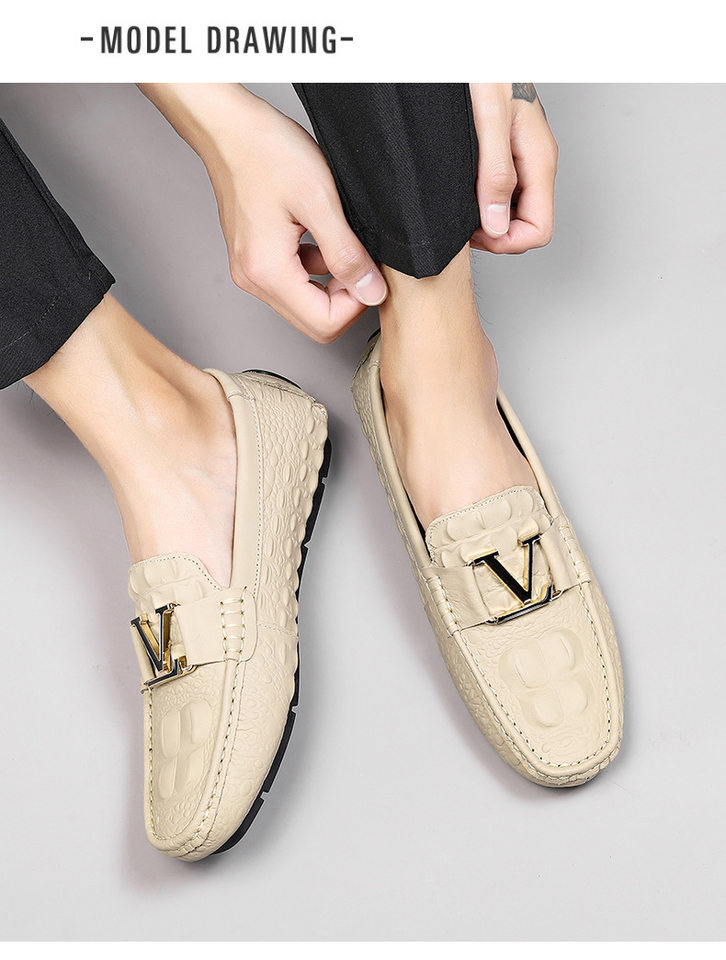 Giày lười nam da bò vân cá sấu mũi tròn, đế bằng, kiểu lái xe cỡ lớn — V6655 màu kaki quý phái, V6655 màu nâu quý ông, V6655 màu đen quý phái, Vàng địa phương V6655 chi tiết 18