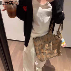 复古新款格纹橙色格子大容量时尚包高腋下颜值通勤托特单肩