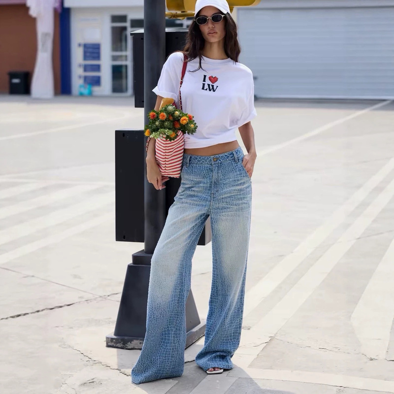2026aw Crocodile Pattern Rhinestone Straight-Leg Jeans for Women, High-End Gradient Fashion Pants, Versatile Wide-Leg Trousers
