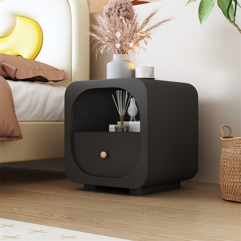 High-End Black Bedside Table Storage Cabinet Italian Style Internet Celebrity Cream Style Storage Solid Wood Simple Modern Small