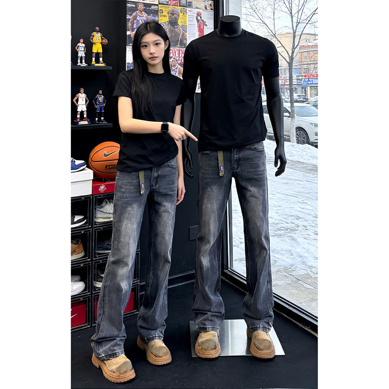 Black and gray lightning pattern straight-leg jeans for men, American style pants that make legs look longer, Xintang high-waisted slightly flared pants for men wholesale Black and gray lightning pattern straight-leg jeans for men, American style pants that make legs look longer, Xintang high-waisted slightly flared pants for men wholesale