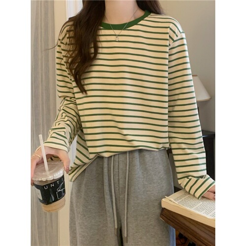 Women's Round Neck Long Sleeve T-Shirt 2025 Autumn Wear Loose Slimming Matchable Striped Base Shirt Casual Inner Layer Top
