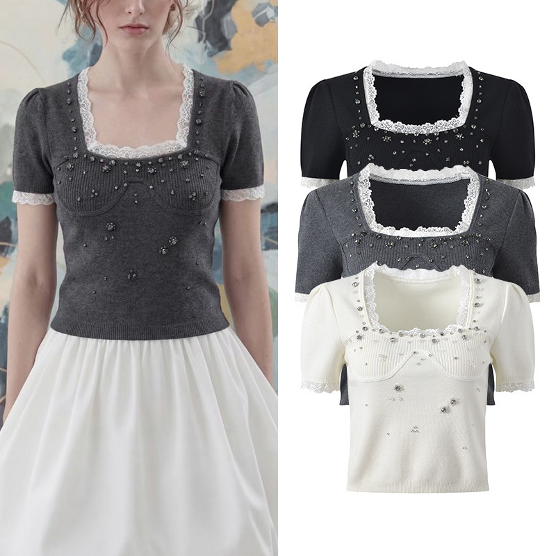 2026 Summer New Style Beaded Lace-Trimmed Square-Neck Short Slim-Fit Slimming Short-Sleeve Knit Top 2026 Summer New Style Beaded Lace-Trimmed Square-Neck Short Slim-Fit Slimming Short-Sleeve Knit Top