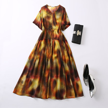 夏款真丝印花连衣裙原创民族风插肩袖腰节抽绳修身内搭吊带裙女装