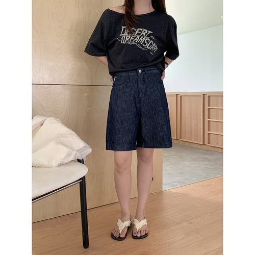 GAGD Retro Denim Color Hempen Women's Summer Thin Casual Straight Leg 5-inch Denim Pants