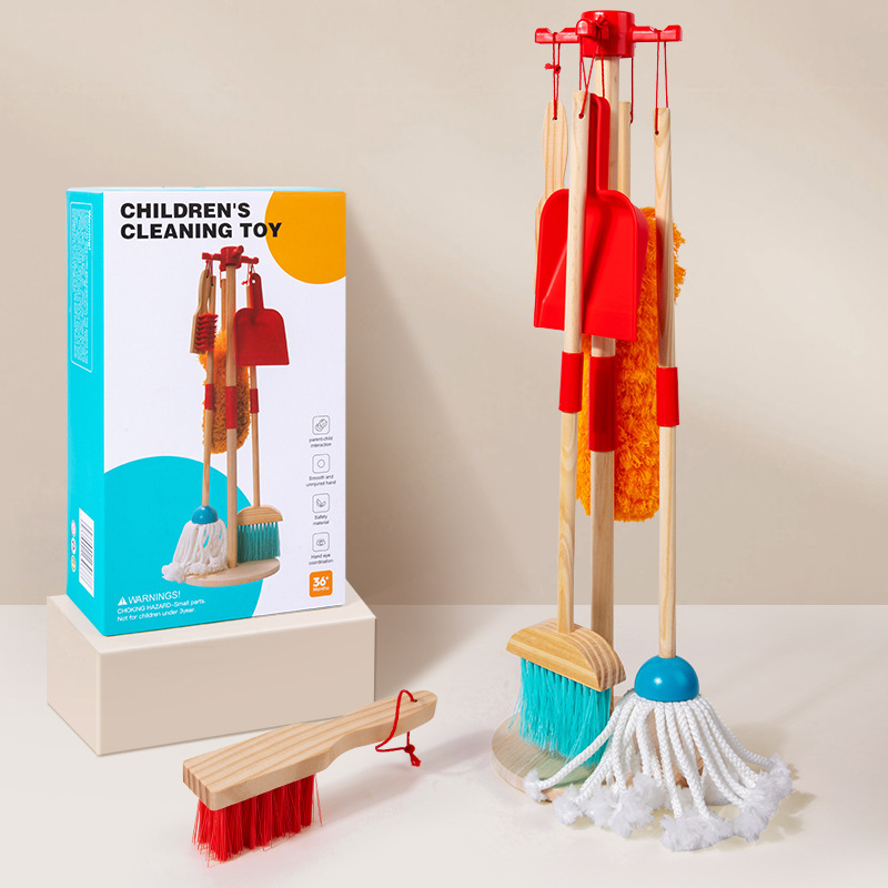 Wooden cleaning and cleaning simulation play house toy boys and girls practice housework combination broom tool suit