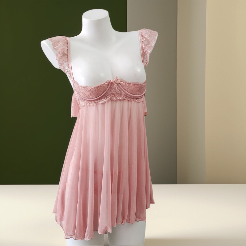 Sexy Lingerie, Sexy Suspender Nightgown with Half Breast Pad, Exposed Breast Design, Steel Ring Push-Up Mesh Pajamas for Women