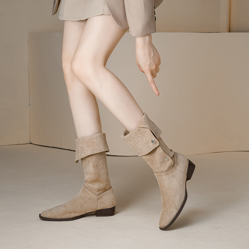 Botas vaqueras de estilo occidental para mujer, diseño exclusivo, punta cuadrada, botas plisadas apiladas, botas retro de montar.