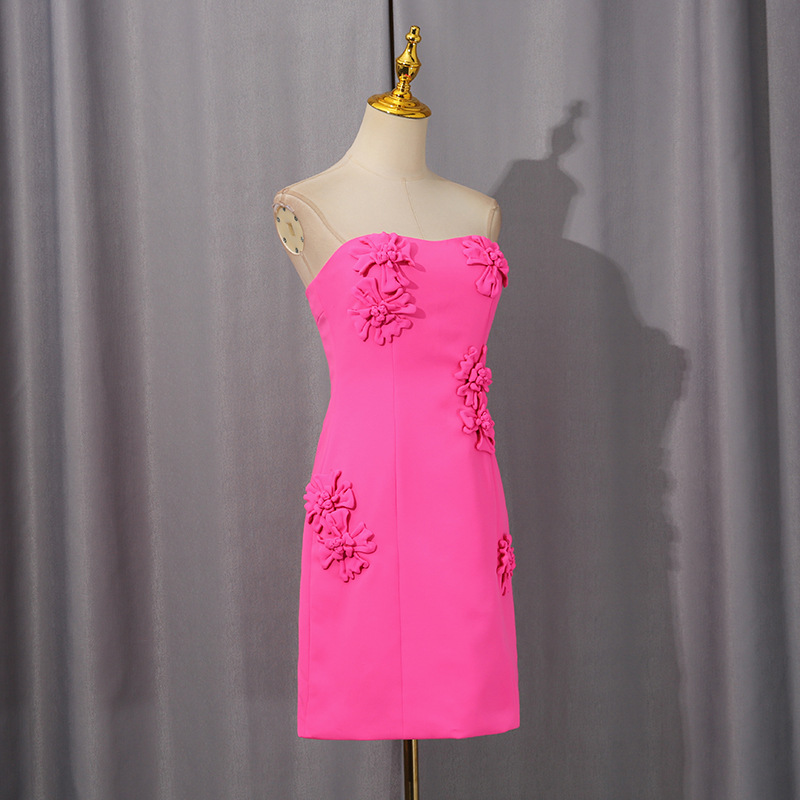 Rose Pink Tube Top Short Dress Three Dimensional Floral Decoration Solid Color Dress 15 Rose Pink Tube Top Short Dress Three Dimensional Floral Decoration Solid Color Dress