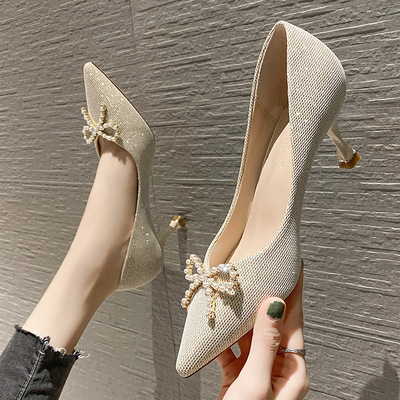 2021春季新款尖头细跟高跟鞋时尚蝴蝶结女鞋气质职业高跟鞋女|ms