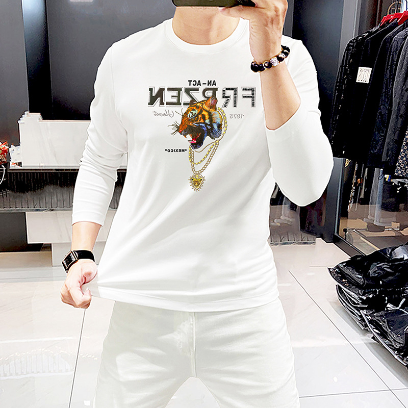 2024 Fashion Men's Spring Autumn Long Sleeve T-Shirt Tiger Head Rhinestone Men's Bottoming Shirt Round Neck Top Tees Breathable Trendy Shirt_voghion.com