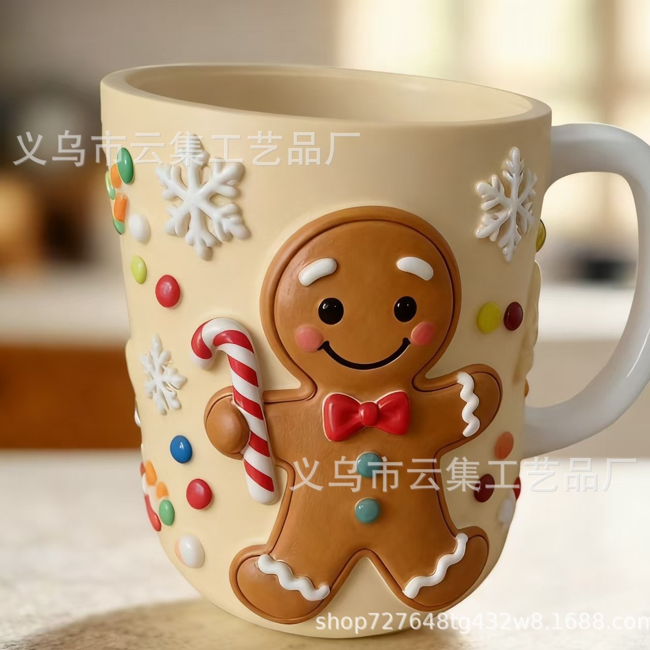 出口新品陶瓷圣诞姜饼人马克杯立体浮雕造型咖啡杯手绘水杯