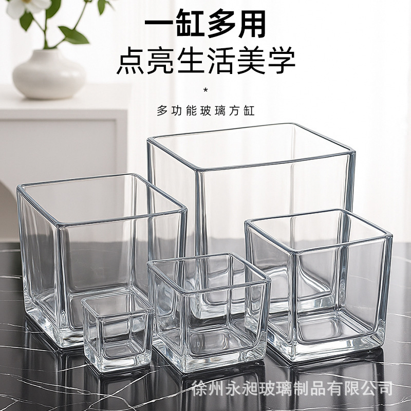 Wholesale glass aromatherapy candle cup square square cylinder transparent candle holder ornaments flower arrangement hydroponic vase large small size fish tank