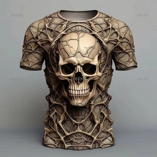 Verano calle todo-fósforo suelto cuello redondo manga corta transpirable camiseta de hombre thriller esqueleto relieve impresión digital 3D