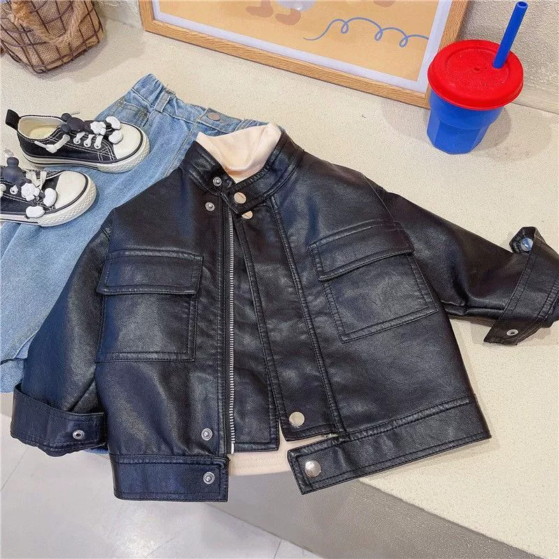 Short Autumn Faux-Leather Jacket, Unisex, Cropped Polyurethane Style