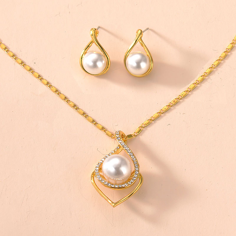 中东黄金色鹰眼镶钻珍珠项链耳环两件套装女式吊坠耳钉锁骨链饰品