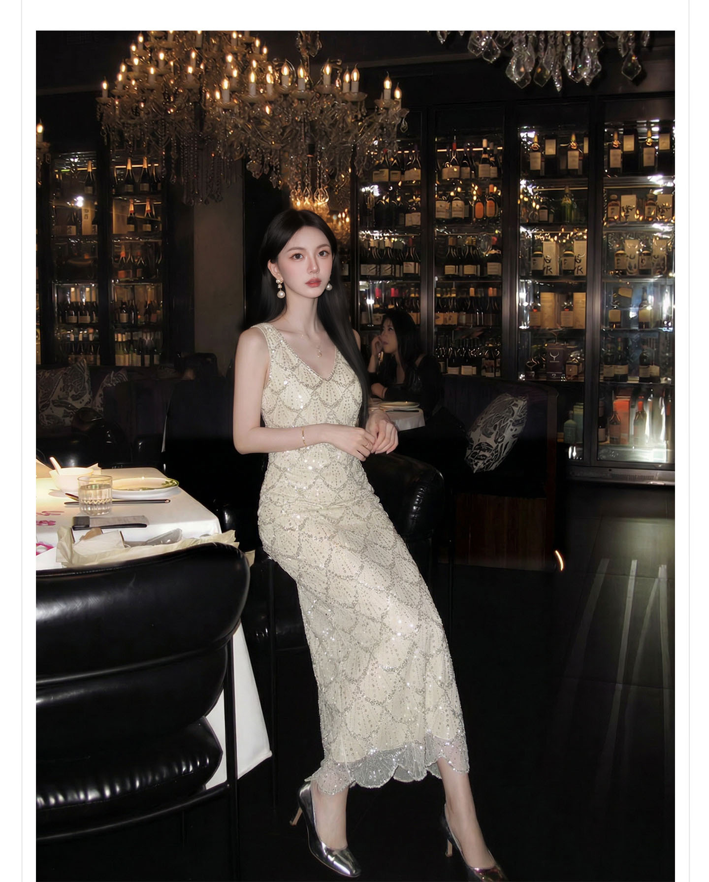 Đầm suông nữ midi tay lỡ phong cách cổ điển đính cườm — màu trắng ngà chi tiết 5