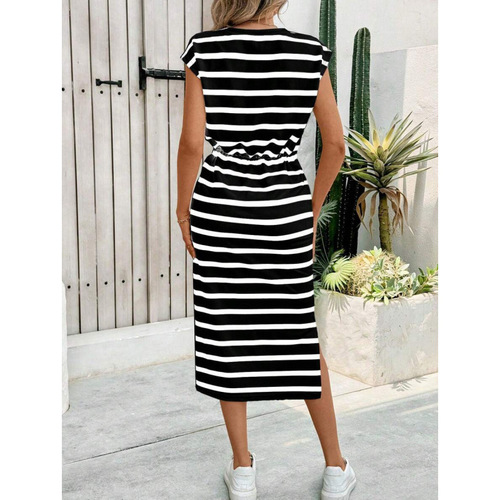 Women's Black and White Striped Split Neckline Casual Dress for Independent E-commerce Stores in Europe and America