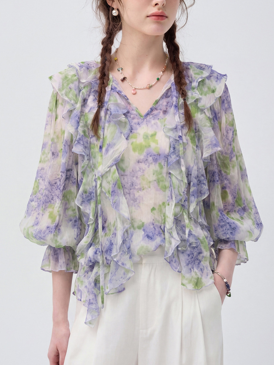 Áo sơ mi nữ chiffon in hoa tay dài viền lá sen — Yên Hà Tử