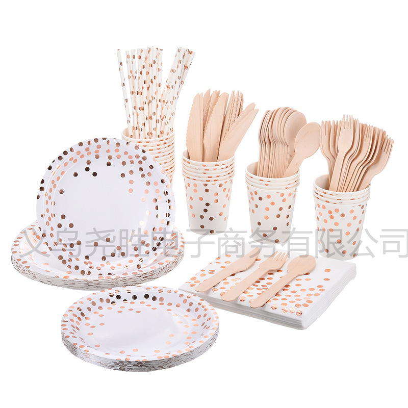 7 inch 9 inch paper towel knife fork spoon straw tableware suit simple rose gold dot paper plate paper cup for 25 people