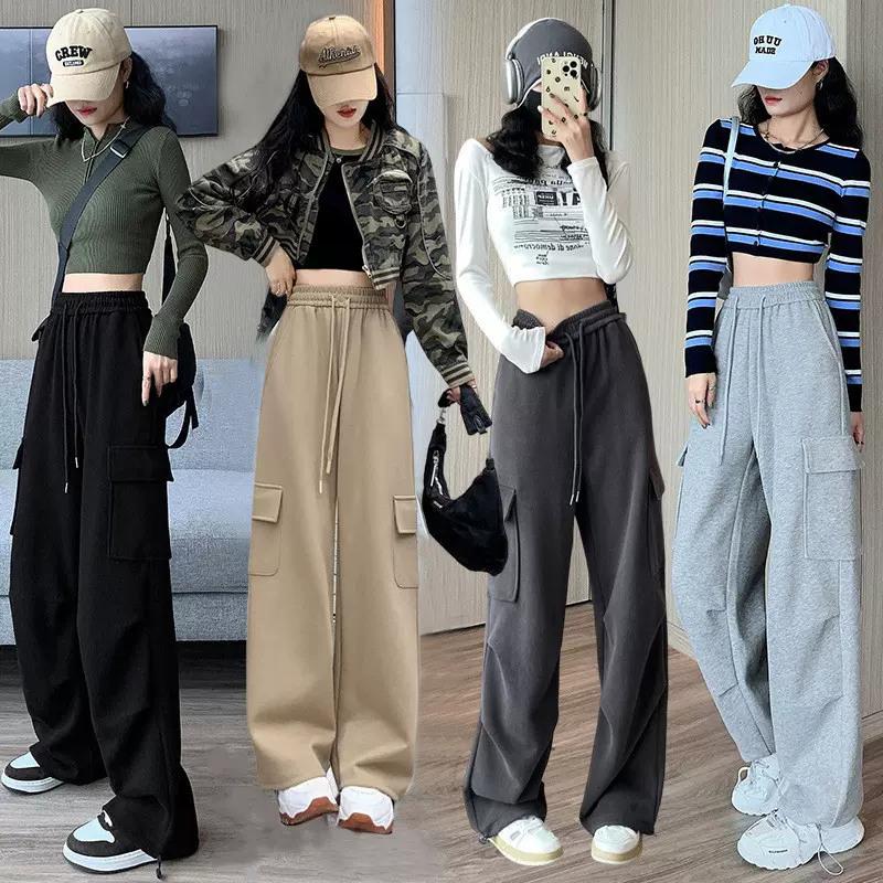 跨境美式工装裤女款棉质春秋季2025窄版阔腿裤休闲裤高腰休闲百搭