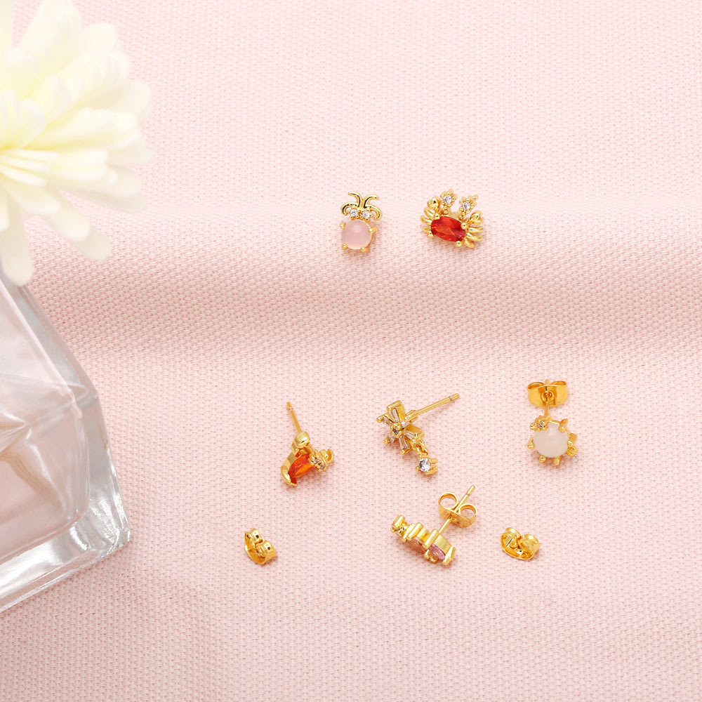 cute seahorse crab lobster jellyfish copper inlaid zircon 18K gold-plated earrings