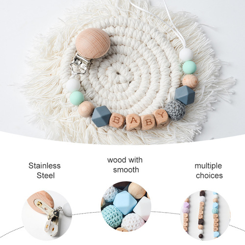 New Beech Wood Teether Beech Wood Letter BABY Silicone Octagonal Bead Cable Knit Chain Prevention