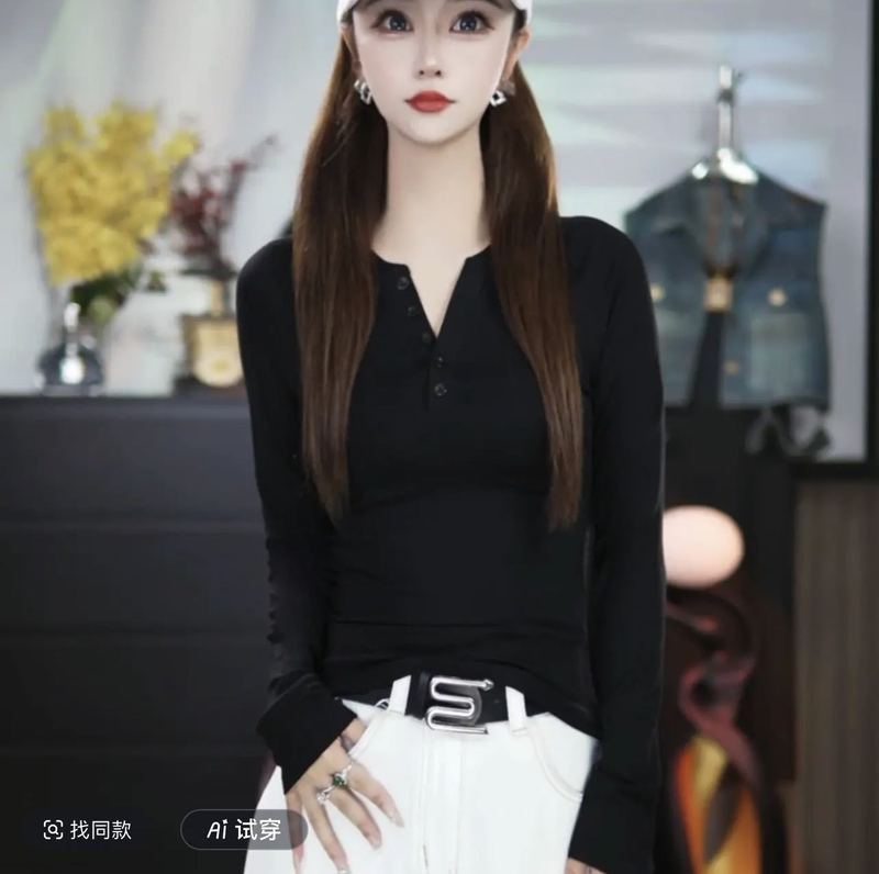 2025早秋小众设计V领纽扣打底衫女修身长袖辣妹显瘦正肩开衫上衣|undefined