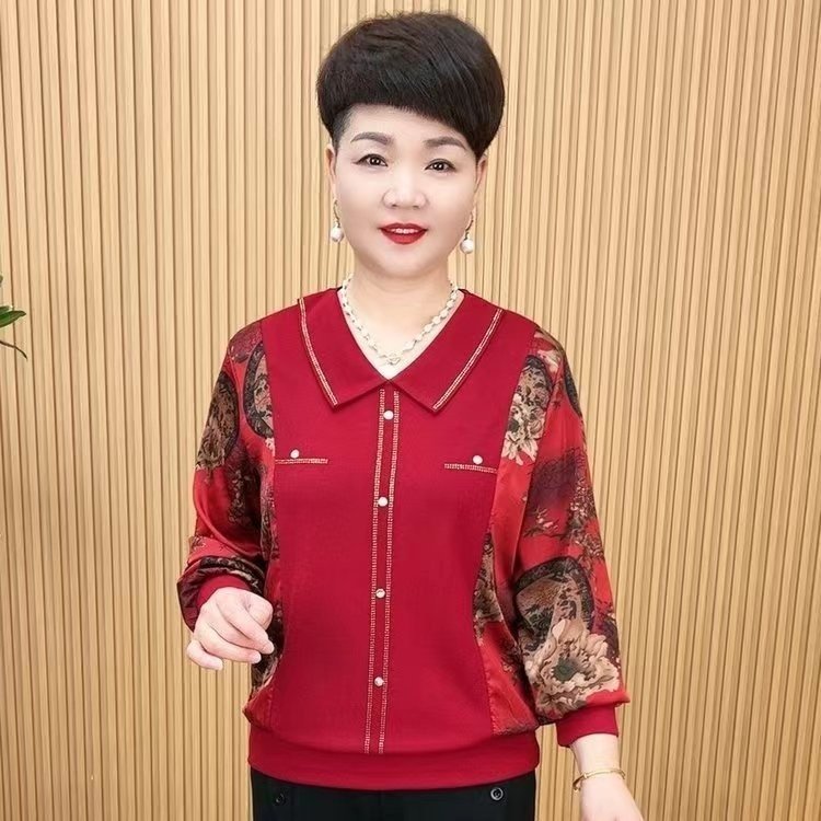 抖音款 拼接雪纺长袖T恤女 2024春季新款妈妈装套头翻领打底衫 潮