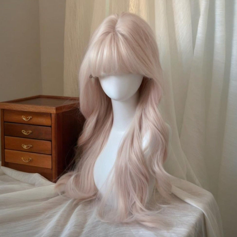 Wig Full Head Cover for Women Pink Lolita Daily Long Curly Hair Breathable Fluffy Natural Artificial Hair Full Wig Cover