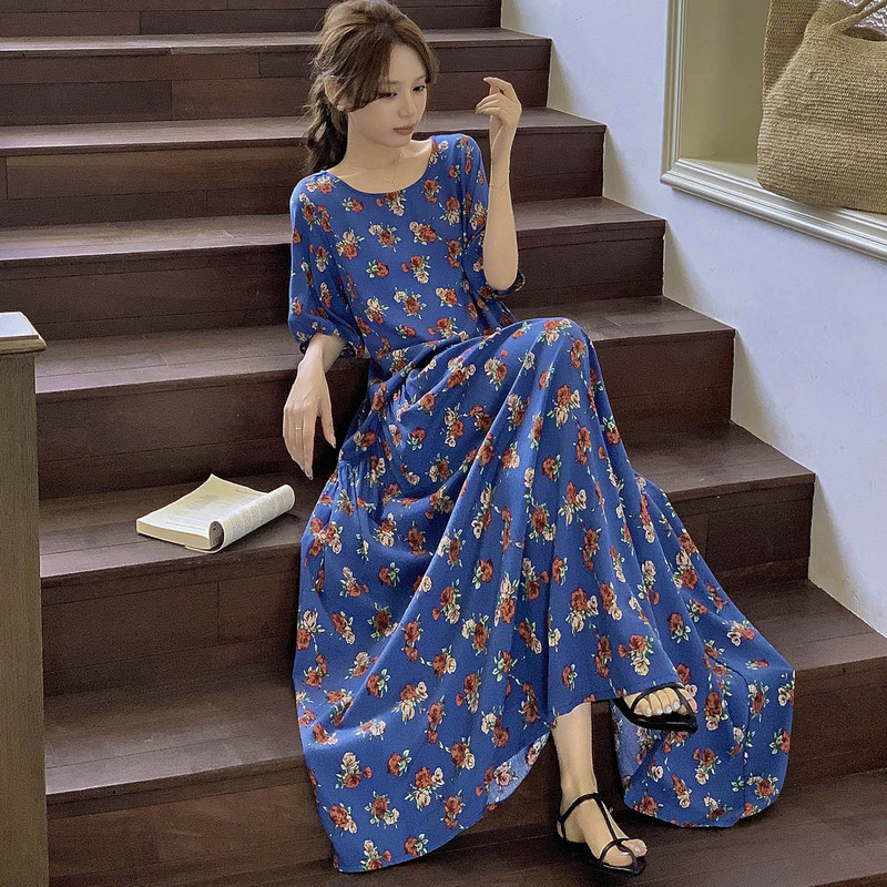 Cotton Silk Nightgown for Women Summer Retro Floral Loose Large Size Wearable Dress High-End Holiday Style Long Skirt Thin