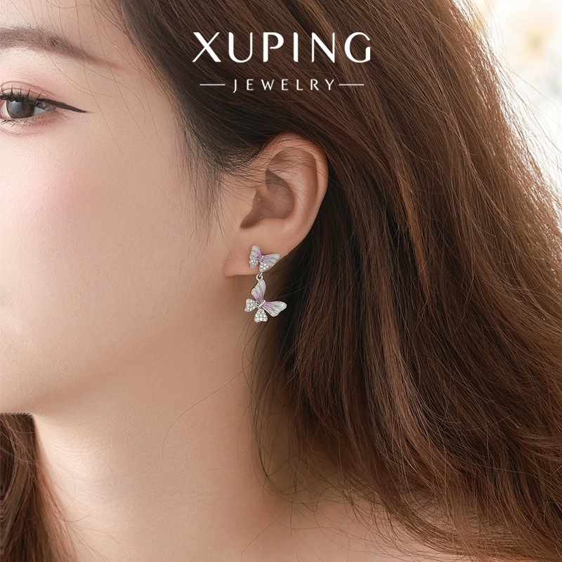 Xuping serie de goteo de aceite francés suave sensación de doble mariposa pendientes de zircon artificial pequeños pendientes frescos redondos para mujeres