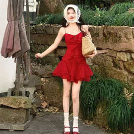 法式超好看绝美小裙小清新红色吊带连衣裙女春季内搭打底裙