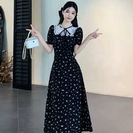 法式蝴蝶赫本风短袖连衣裙女夏季新款小黑裙设计感显瘦遮肚长裙子