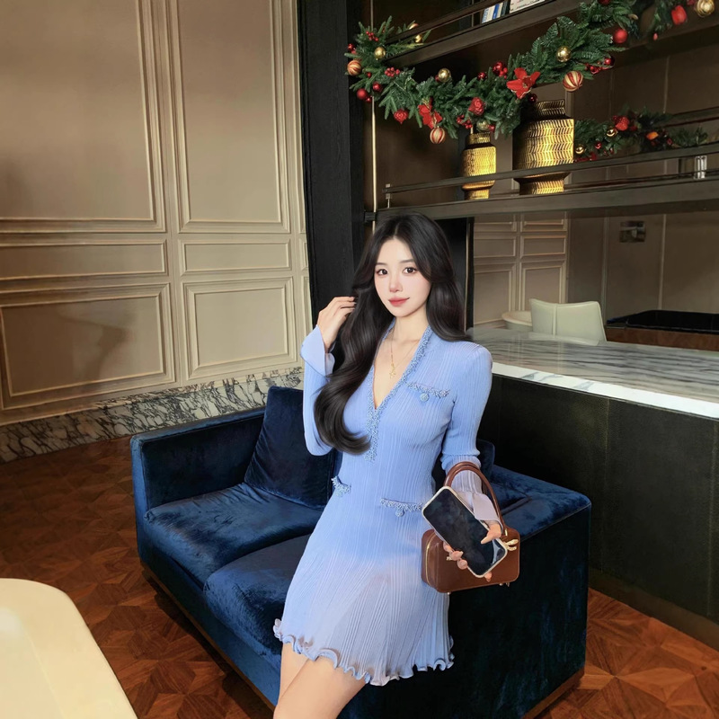 Top Version Sp26 New Mist Blue Heavy Beading New Chinese Style Stand Collar Slim Long-Sleeve Knit Dress for Women