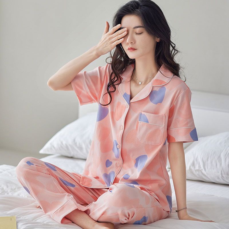 100% pijamas de algodón de verano de las mujeres pantalones de manga corta cardigan dulce verano Delgado homewear traje