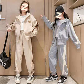 女童春装拉链外套长裤两件套2025新款中大童韩版连帽上衣裤子套装