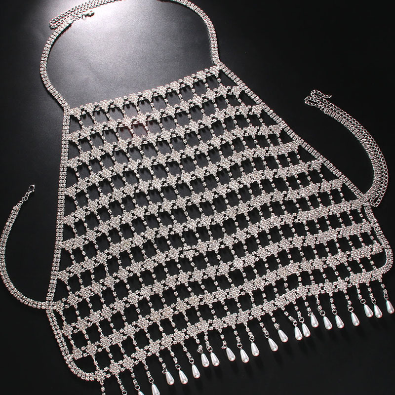 Europa y América sexy cadena de pecho de malla de mujer brillante diamante cuello colgante cadena de cuerpo alta sensación de traje accesorios cadena de cuerpo