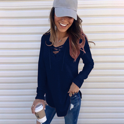 Autumn/Winter Western Pure Color V-Neck Strap Loose T-Shirt Fashion