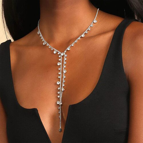 Chic Diamond-Encrusted Necklace for Women, Sexy Asymmetrical Diamond Collar Chain, Unique Diamond-Inlaid Long Tassel, Elegant Luxury Accessory