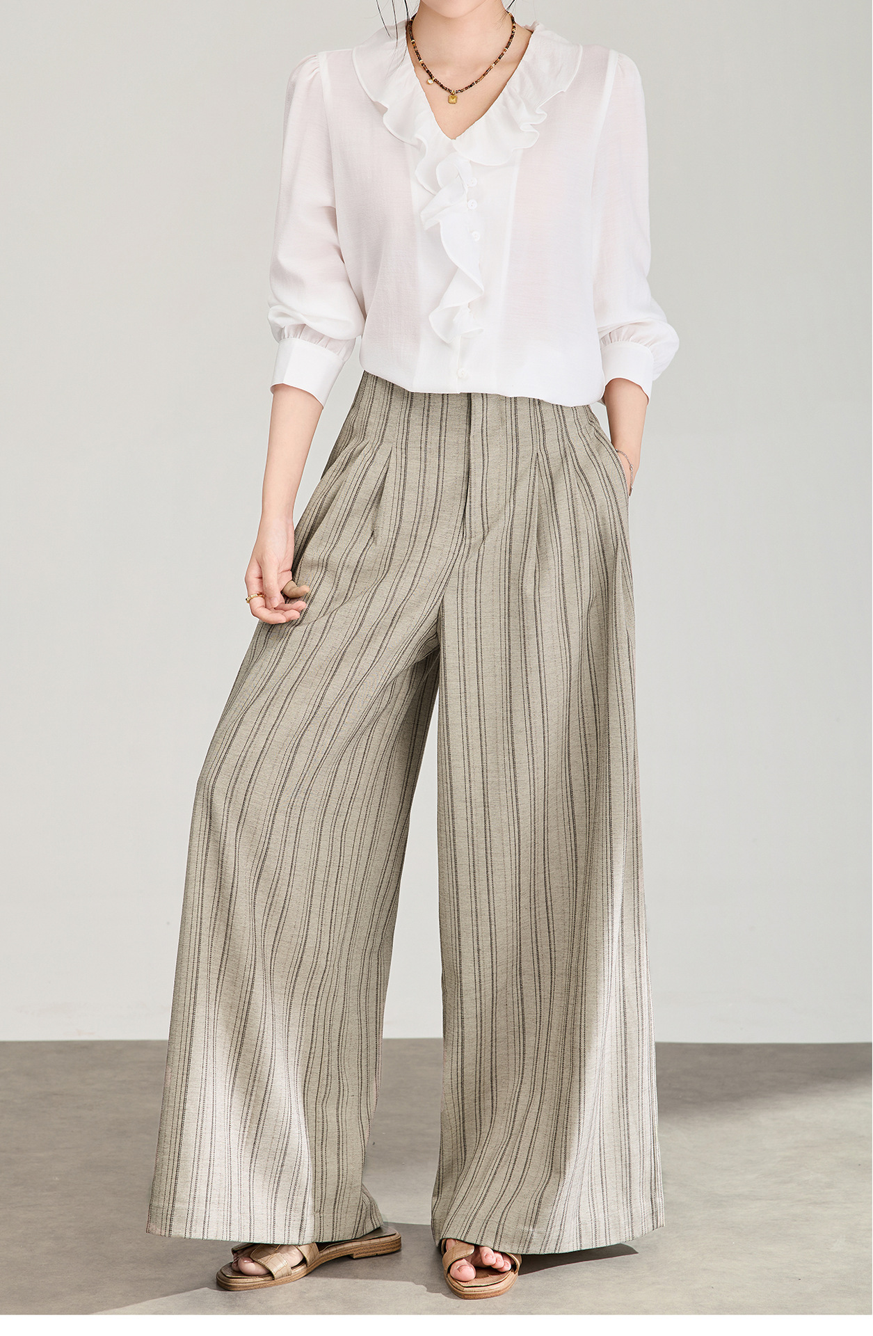 Quần culottes nữ ống rộng sọc kẻ dọc chất liệu tencel cao cấp phong cách công sở — màu kaki chi tiết 10