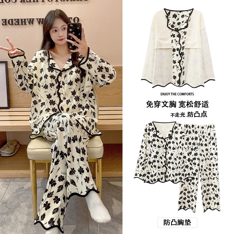 여성용 잠옷, 봄, 가을 야외에서 착용 가능한 가슴 패드가 달린 긴팔 순면 가디건, 홈웨어, 외부에서 착용 가능한 고급 슈트