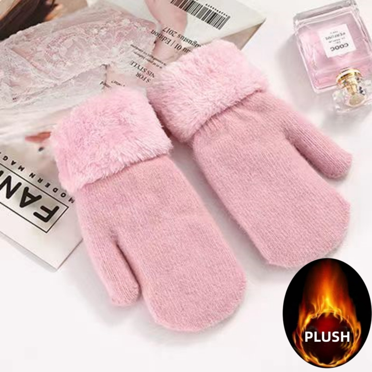 Cross-border super thick rabbit wool warm gloves wholesale fashion women's double thick solid color flanging mittens