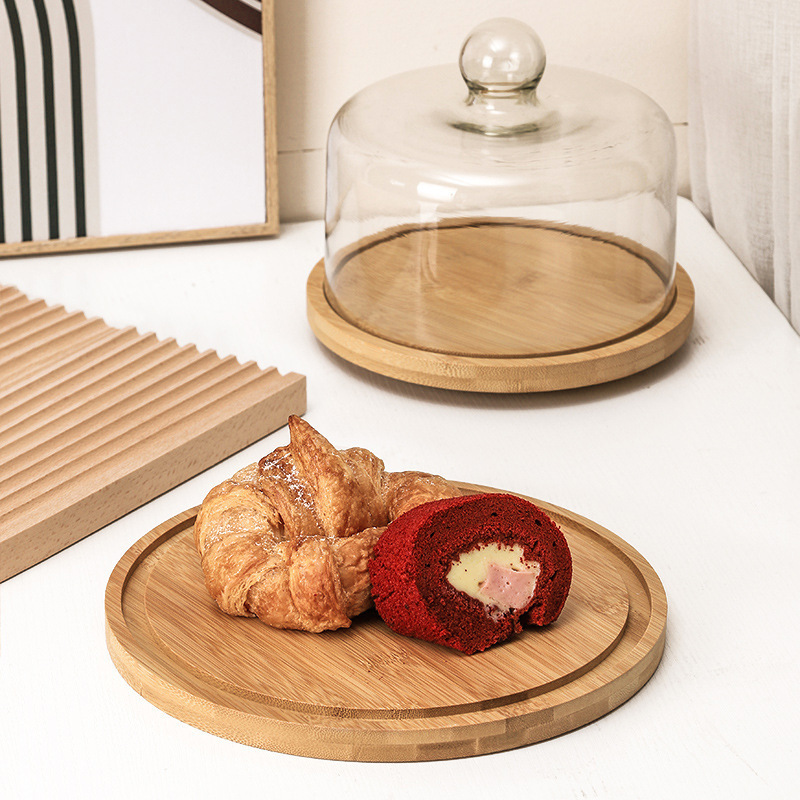 Cake Tray Rotating Wooden Dessert Tasting Plate with Lid Dessert Glass Cover Cut Cake Cover Bread Qizhihai