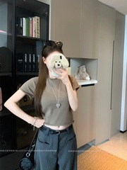基础款卷边圆领短袖T恤女夏季简约纯色修身显瘦韩系chic百搭上衣