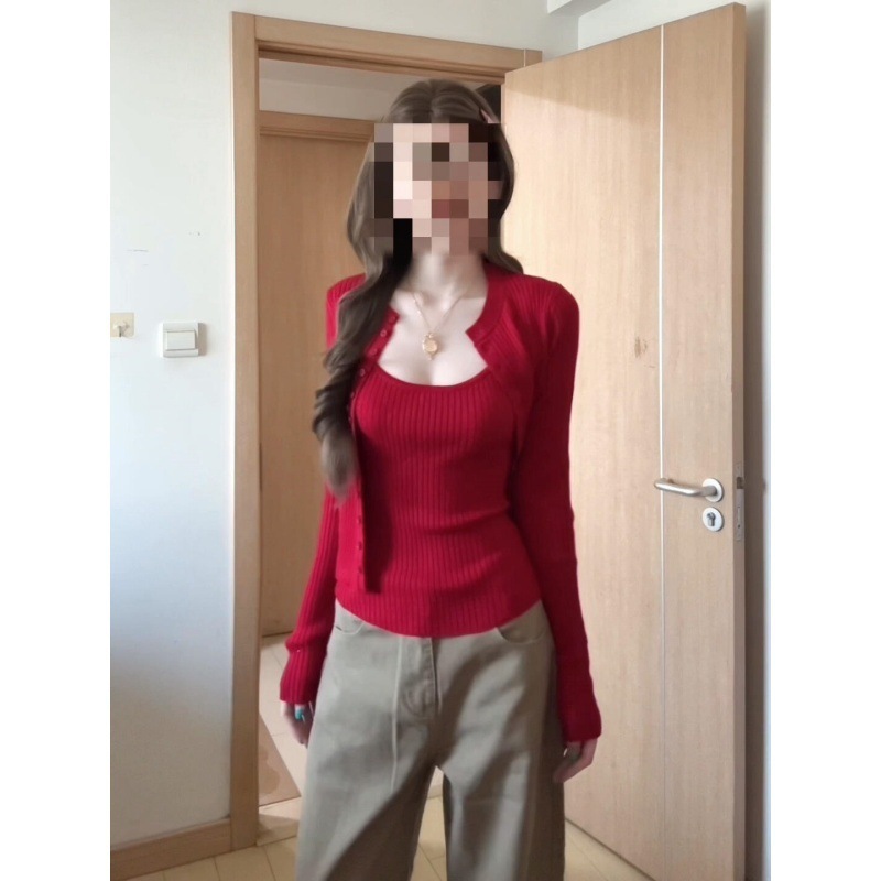 INS CEC纯欲辣妹风红色吊带背心外搭针织开衫上衣休闲裤三件套|undefined